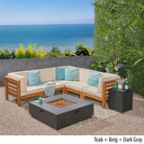 Outdoor 7 Piece V-Shaped Acacia Wood Sectional Sofa Set with Fire Pit and Outdoor Cushions - NH670703