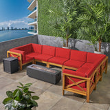 Outdoor Farmhouse Acacia Wood 8 Seater U-Shaped Sectional Sofa Set with Fire Pit - NH757603