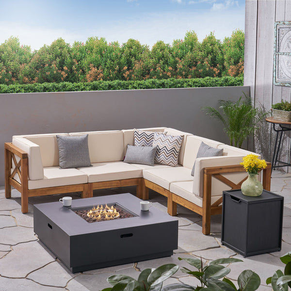 Outdoor Acacia Wood 5 Seater Sectional Sofa Set with Fire Pit - NH527603