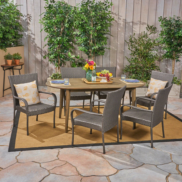 Outdoor 7 Piece Acacia Wood Dining Set with Stacking Wicker Chairs - NH532603