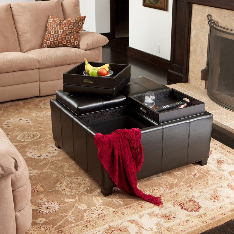 Leather 4-Tray-Top Storage Ottoman Coffee Table - NHKLB078182