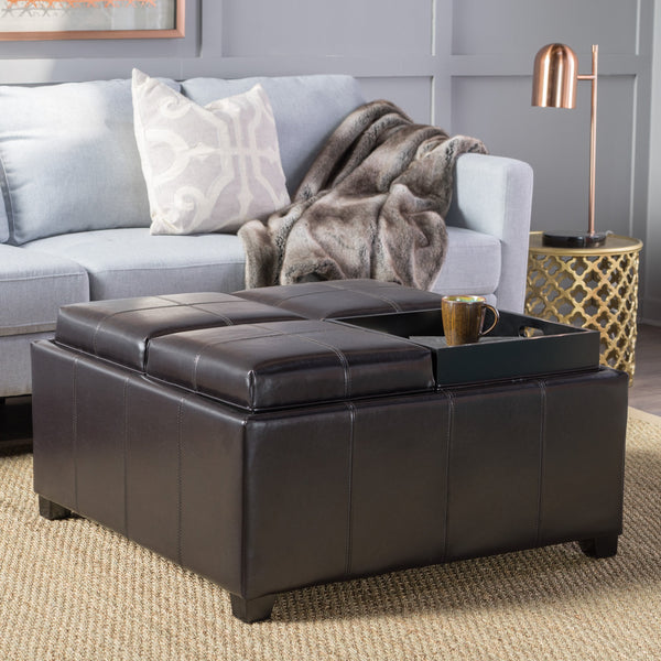 Leather 4-Tray-Top Storage Ottoman Coffee Table - NHKLB078182