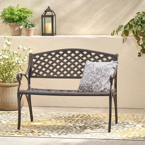 Traditional Mesh Pattern Antique Copper Cast Aluminum Bench - NH929933