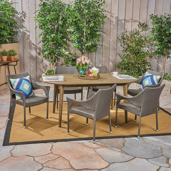 Outdoor 7 Piece Acacia Wood Dining Set with Stacking Wicker Chairs - NH732603