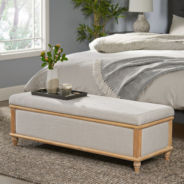 French Style Upholstered Light Beige Fabric Storage Ottoman - NH405512