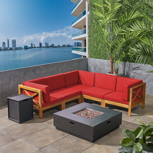 Outdoor Acacia Wood 5 Seater Sectional Sofa Set with Fire Pit - NH727603