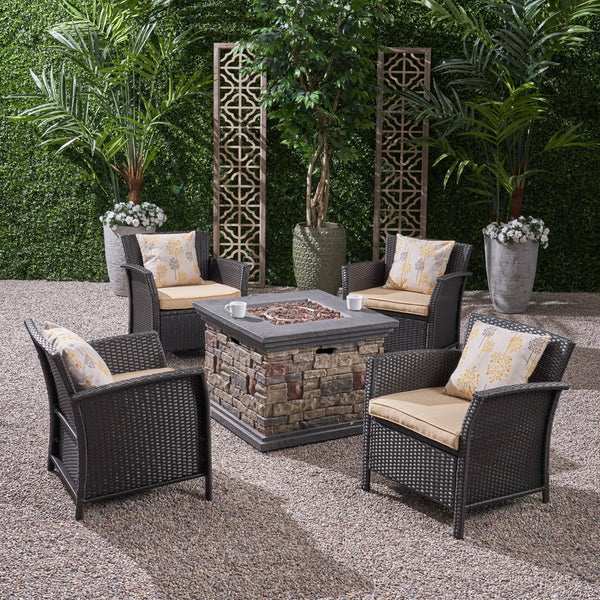 Outdoor 4 Piece Wicker Club Chair Chat Set with Fire Pit - NH474503