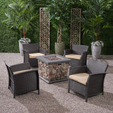 Outdoor 4 Piece Wicker Club Chair Chat Set with Stone Finished Fire Pit - NH234503