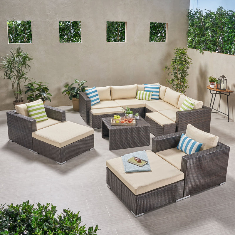 Outdoor 7 Seater V Shaped Wicker Sectional Sofa Chat Set with Ottomans - NH579903