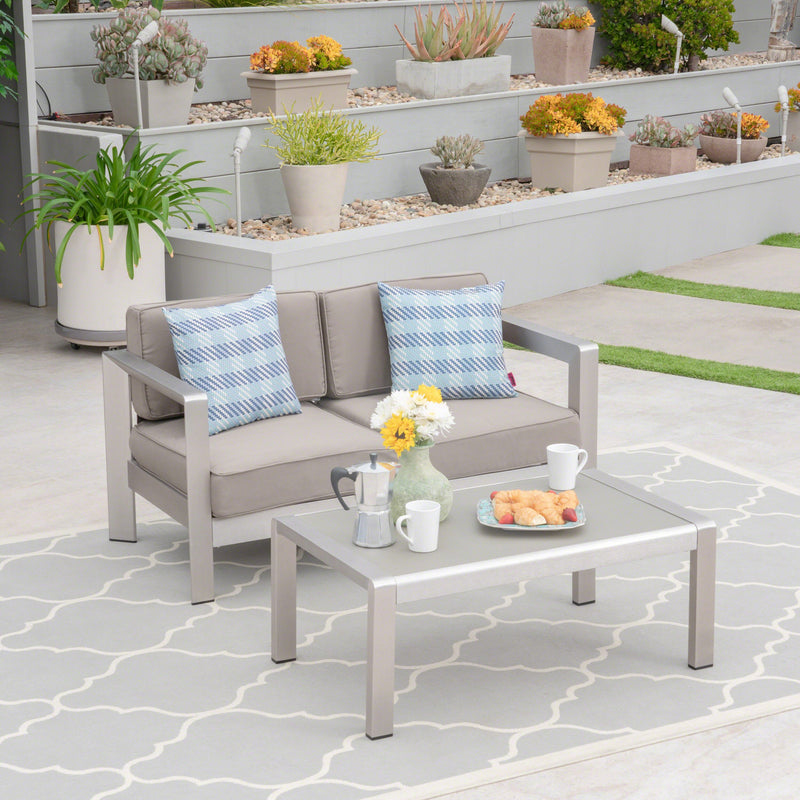 Outdoor Aluminum Loveseat and Tempered Glass-Topped Coffee Table - NH564603