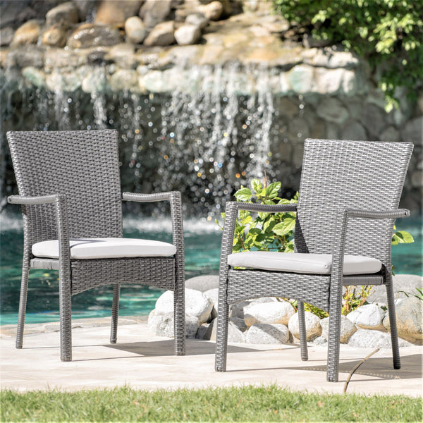 Outdoor Grey Wicker Dining Chair with Cushions (Set of 2) - NH891003