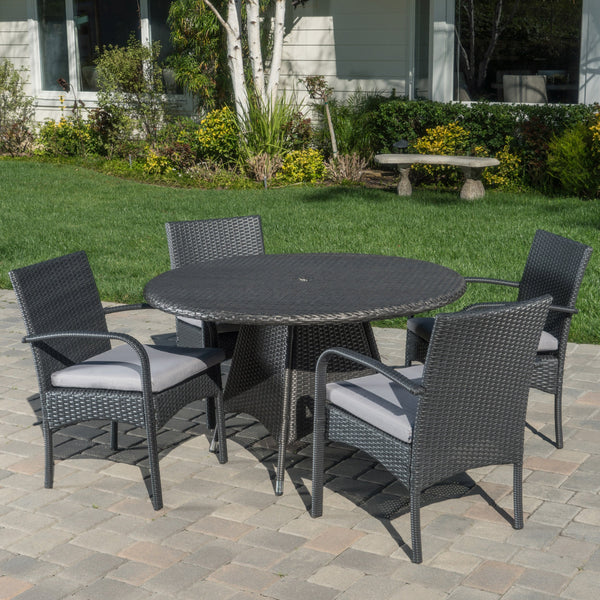 Outdoor 5 Piece Grey Wicker Dining Set with Cushions - NH402003