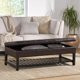 Brown Wood Rectangle Storage Ottoman Coffee Table With Bottom Rack - NH470692