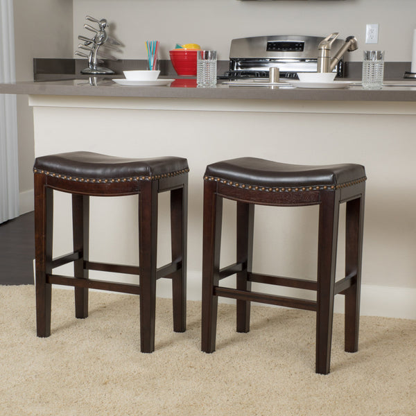 Backless Brown Leather 26-Inch Counter Stools (Set of 2 ) - NH216592