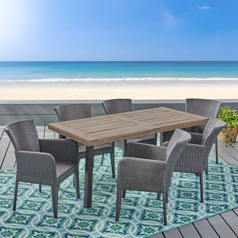 Outdoor 7 Piece Wicker Dining Set, Grey - NH225403