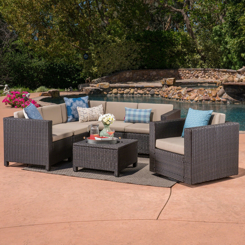 Outdoor 6 Seater Wicker V-Shaped Sofa and Swivel Chair Set with Water Resistant Cushions - NH470403