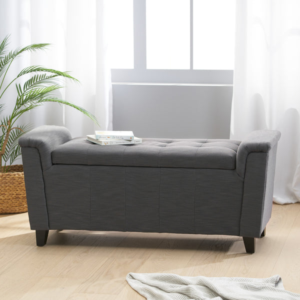 Beige Tufted Fabric Armed Storage Ottoman Bench - NH467692