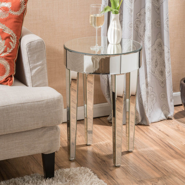 Modern Glam Round Mirrored Side Table with Tapered Legs - NH602892