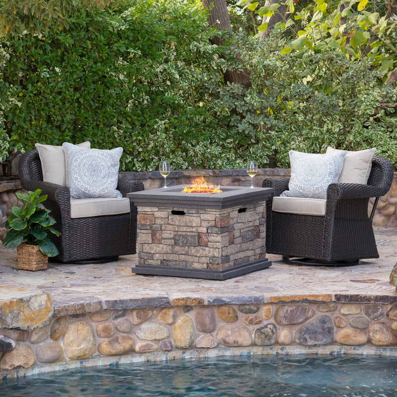 Outdoor 3 Piece Wicker Rocker and Gas Firepit Set - NH742003