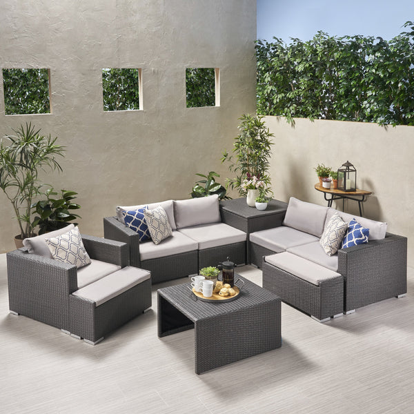 Outdoor 5 Seater V Shaped Wicker Storage Sectional Sofa Set with Ottomans - NH969903