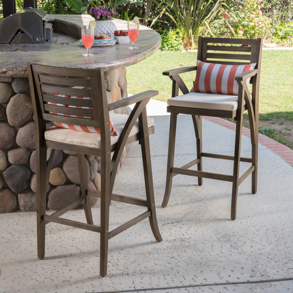 Outdoor Acacia Wood Barstool (Set of 2), Grey with Cream Cushion - NH176403