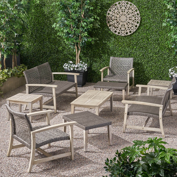 Outdoor 9 Piece Wood and Wicker Chat Set - NH671803