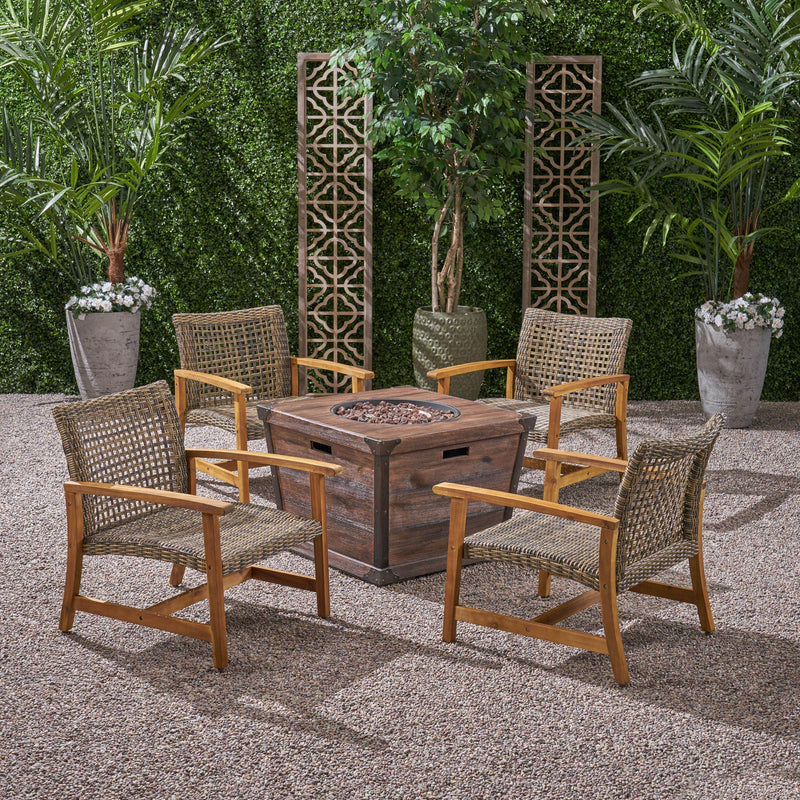 Outdoor 4-Seater Wood and Wicker Club Chair Set with Fire Pit - NH028703