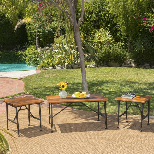 Outdoor Rustic Industrial Acacia Wood Coffee Table and Accent Table Set with Metal Frame, Teak and Black - NH031103