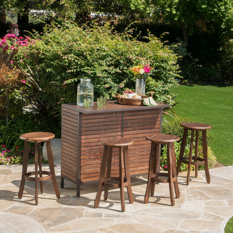 Outdoor 5 Piece Dark Brown Finished Acacia Wood Bar Set - NH920103