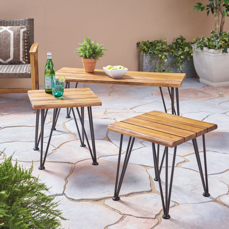 Outdoor Rustic Industrial Acacia Wood Coffee Table and Accent Table Set with Metal Hairpin Legs, Teak - NH109003