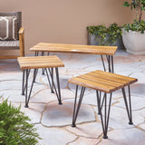 Outdoor Rustic Industrial Acacia Wood Coffee Table and Accent Table Set with Metal Hairpin Legs, Teak - NH109003