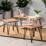 Outdoor Rustic Industrial Acacia Wood Coffee Table and Accent Table Set with Metal Hairpin Legs, Teak - NH109003