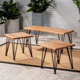 Outdoor Rustic Industrial Acacia Wood Coffee Table and Accent Table Set with Metal Hairpin Legs, Teak - NH109003