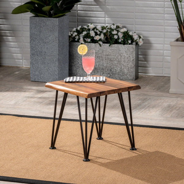 Outdoor Rustic Industrial Acacia Wood Accent Table with Metal Hairpin Legs, Teak - NH209003