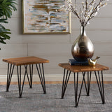 Rustic Industrial Acacia Wood Side Table with Metal Hairpin Legs (Set of 2), Teak - NH690603