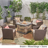 Outdoor 4-Seater Wicker Print Club Chair Chat Set with Fire Pit - NH513603