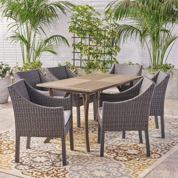 Outdoor 7 Piece Wood and Wicker Dining Set, Gray and Gray - NH921503