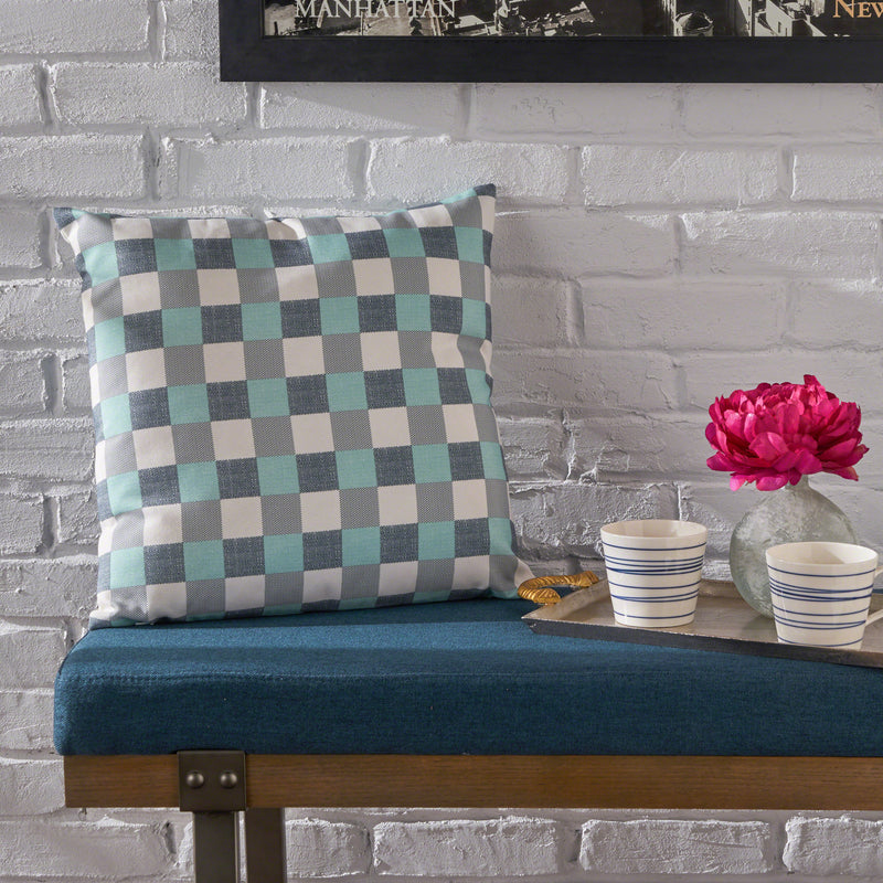 Indoor Blue and White Plaid Water Resistant Square Throw Pillow - NH188203