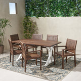 Outdoor Rustic Farmhouse Acacia Wood 7 Piece Dining Set - NH839603