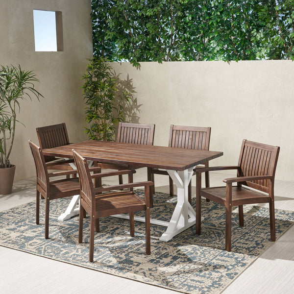 Outdoor Rustic Farmhouse Acacia Wood 7 Piece Dining Set - NH839603