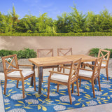 Outdoor Farmhouse Slat-Top 7 Piece Acacia Wood Dining Set with Cushions - NH877503