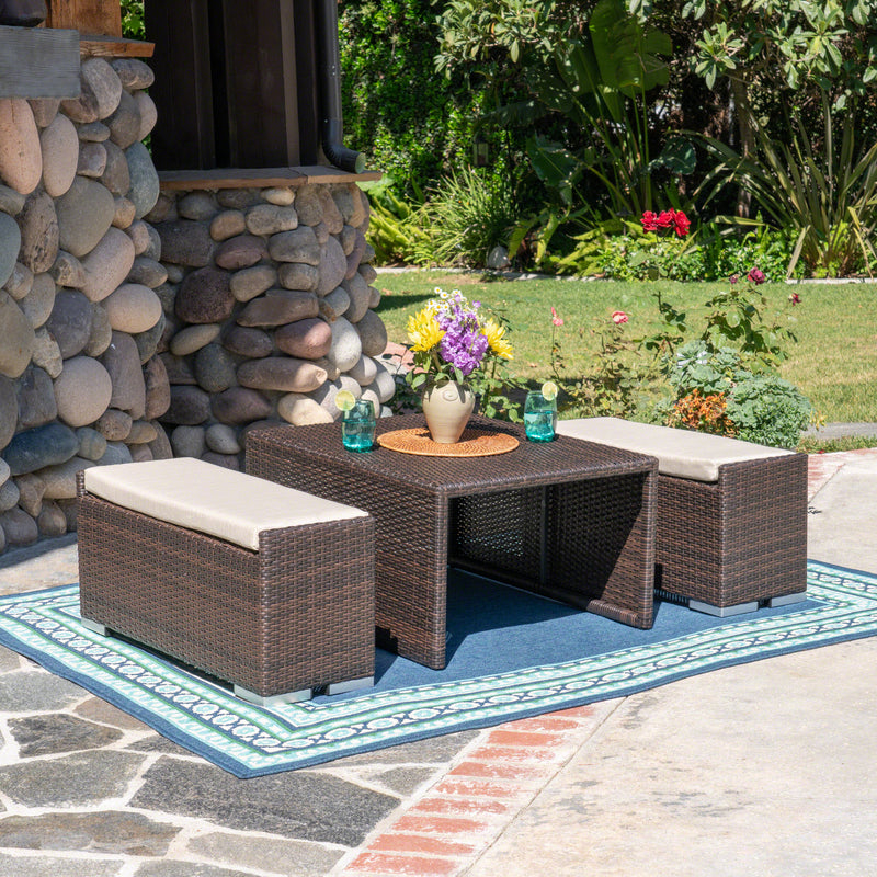 Outdoor 3 Piece Aluminum Framed Coffee Table and Ottoman Set - NH399403