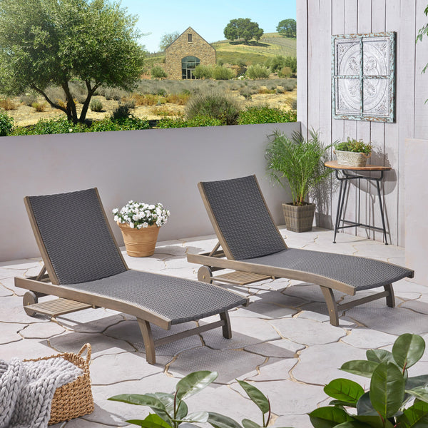 Outdoor Wicker and Wood Chaise Lounge with Pull-Out Tray - NH276703