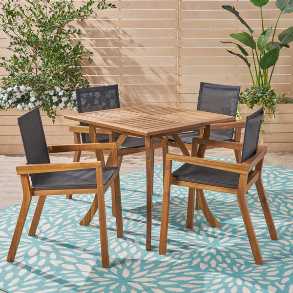 Outdoor Acacia Wood 4 Seater Square Dining Set with Mesh Seats - NH159603