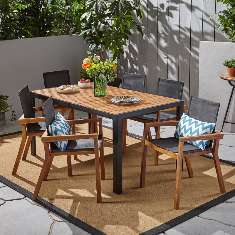 Outdoor 6-Seater Rectangular Acacia Wood and Mesh Dining Set - NH013603