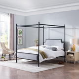 Queen Size Iron Canopy Bed Frame with Upholstered Studded Headboard - NH118803