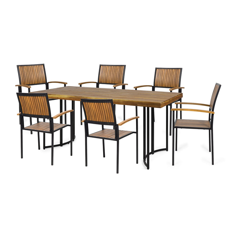 Outdoor Modern Industrial 7 Piece Acacia Wood Dining Set - NH529213