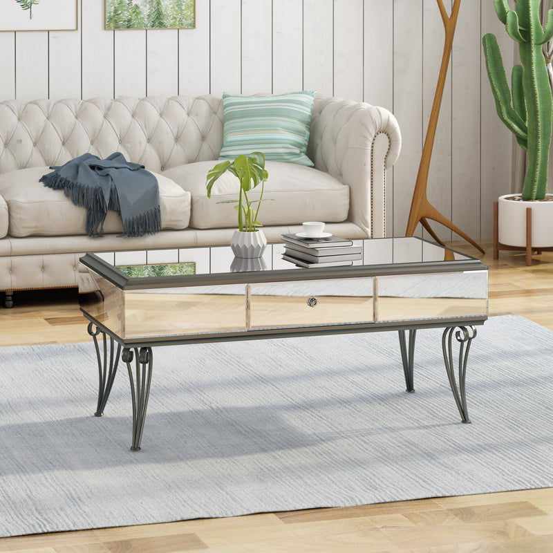 Modern Mirrored Coffee Table with Drawer, Tempered Glass - NH834703