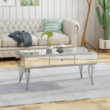 Modern Mirrored Coffee Table with Drawer, Tempered Glass - NH834703