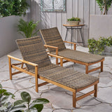 Outdoor Rustic Acacia Wood Chaise Lounge with Wicker Seating - NH609603